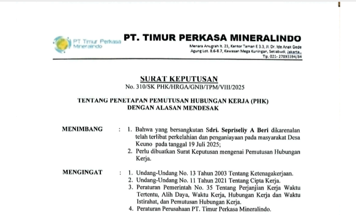 PT. Timur Perkasa Mineralindo Pecat Tidak Hormat Karyawan Terkait Kasus Pengeroyokan