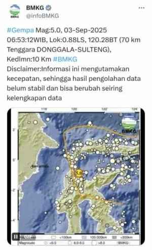 Gempa M 5,0 Guncang Timur Laut Palu, Getarannya Terasa Hingga Mori Atas