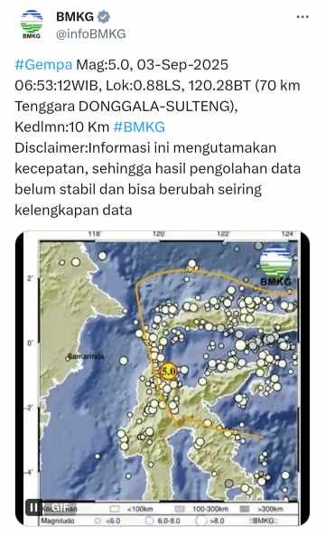 Gempa M 5,0 Guncang Timur Laut Palu, Getarannya Terasa Hingga Mori Atas