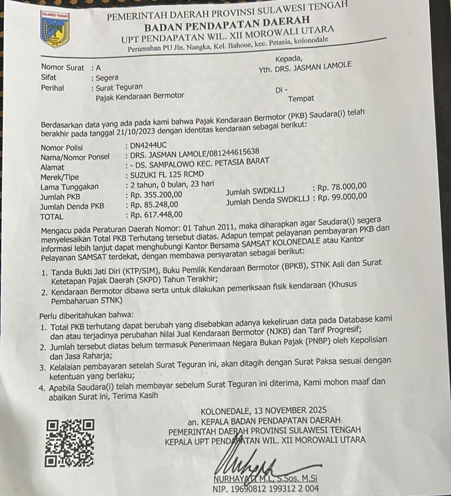 Data Amburadul, Kontak Warga Bali Dicatut Bapenda Sulteng dalam Tagihan Fiktif Pajak Motor Warga Sampalowo