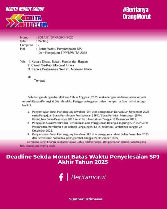 Deadline Sekda Morut Batas Waktu Penyelesaian SPJ Akhir Tahun 2025