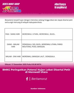 BMKG Peringatkan Potensi Hujan Lebat Disertai Petir di Morowali Utara