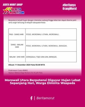 Morowali Utara Berpotensi Diguyur Hujan Lebat Sepanjang Hari, Warga Diminta Waspada