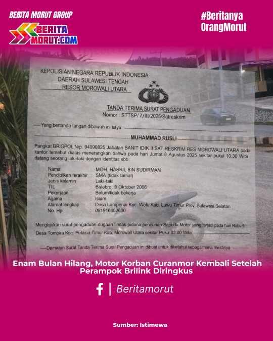 Enam Bulan Hilang, Motor Korban Curanmor Kembali Setelah Perampok Brilink Diringkus