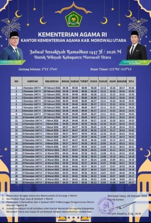 Jadwal Imsakiyah 1447 H Resmi Diumumkan untuk Masyarakat Morowali Utara