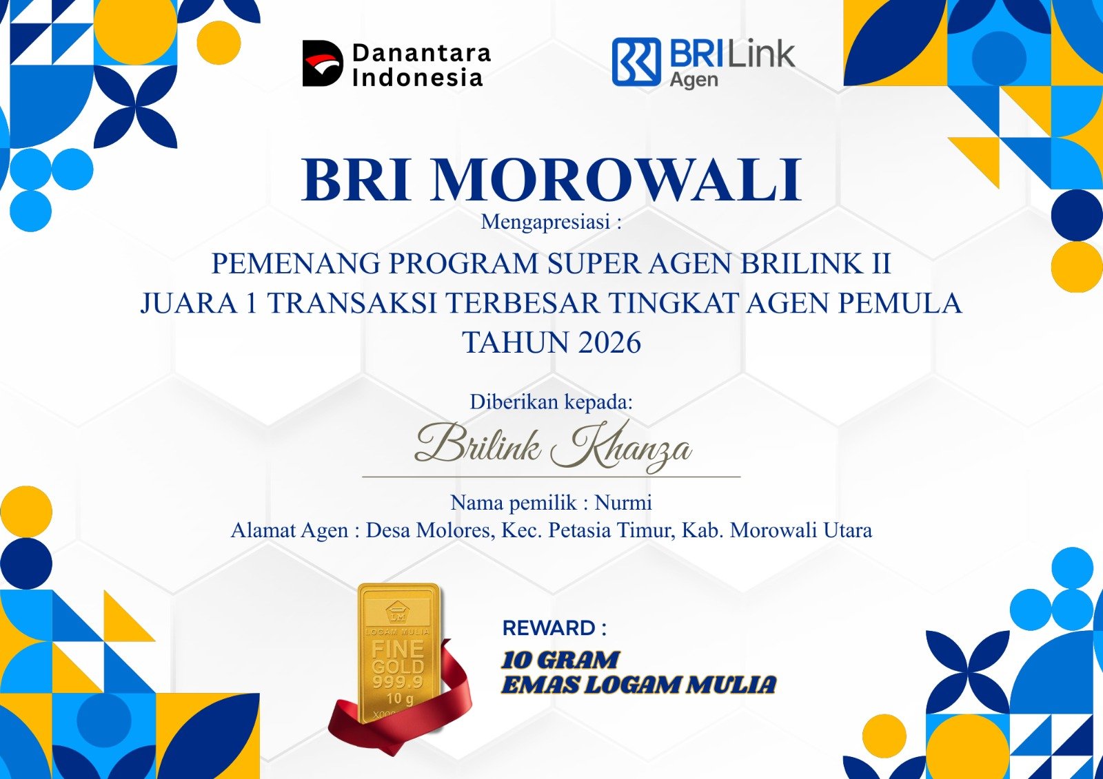 AgenBRILink Binaan BRI Cabang Morowali Raih Juara 1 Program Super AgenBRILink Kategori Agen Pemula