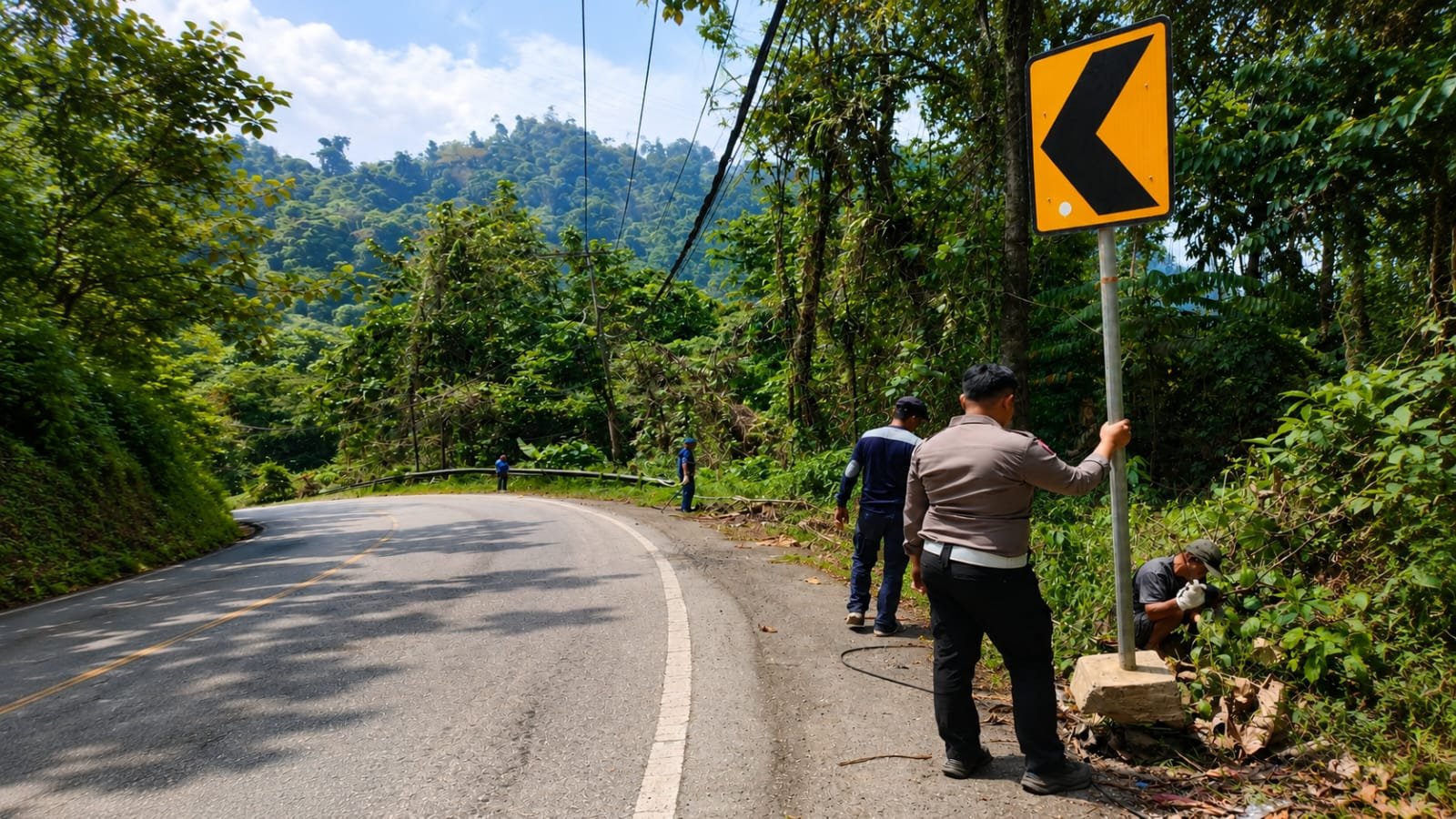 Cegah Kecelakaan, Satlantas Polres dan Dishub Morut Pasang Rambu Chevron di Tanjakan Balaba Uelene