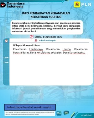 Ini Jadwal Mati Lampu PLN Kolonodale Mulai jam 12.00-15.00 Wita