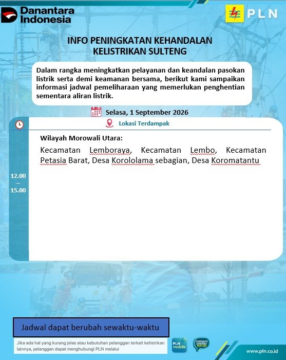 Ini Jadwal Mati Lampu PLN Kolonodale Mulai jam 12.00-15.00 Wita