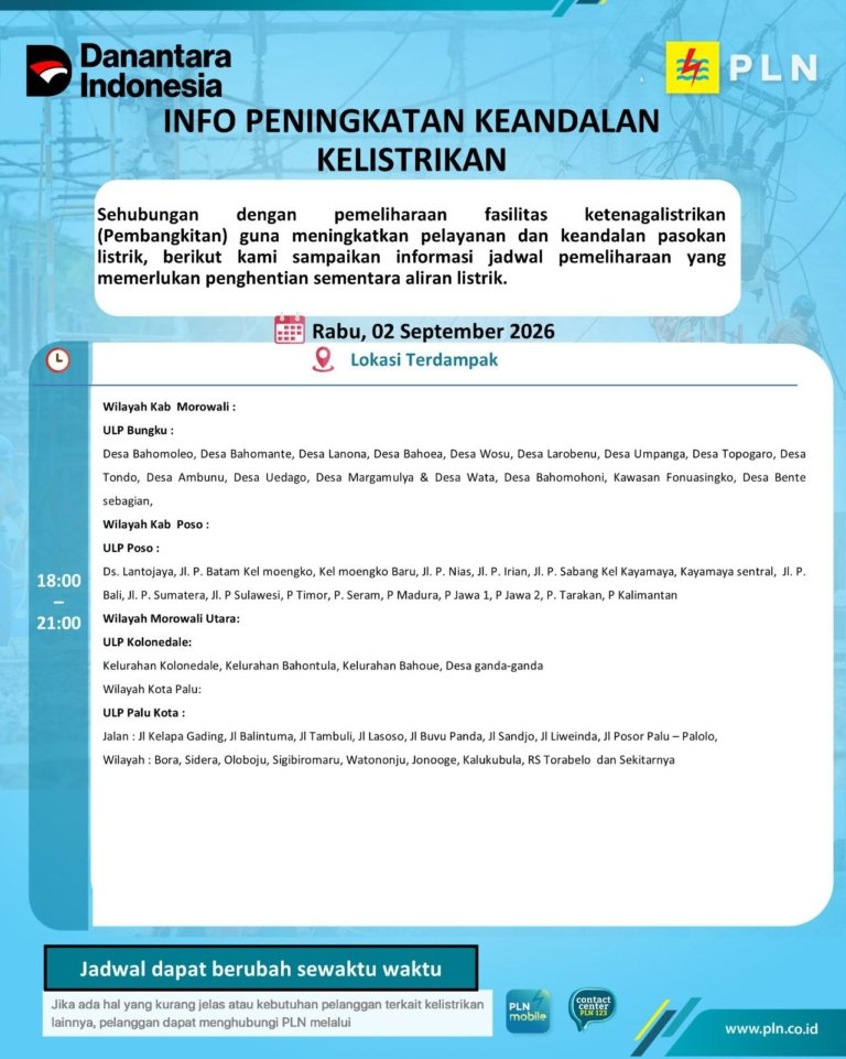 Ini Jadwal Mati Lampu di Morut, Rabu 2 September