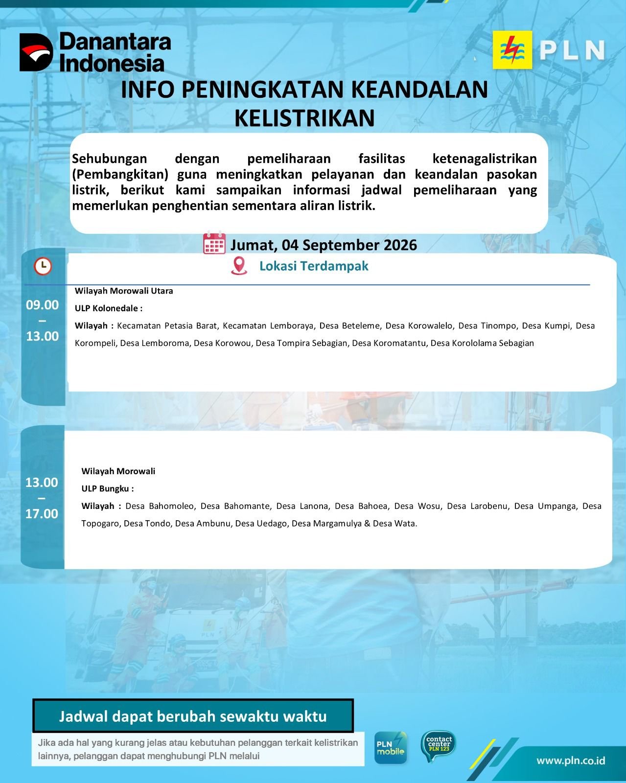 Ini Jadwal Mati Lampu di Morut, Jumat 4 September