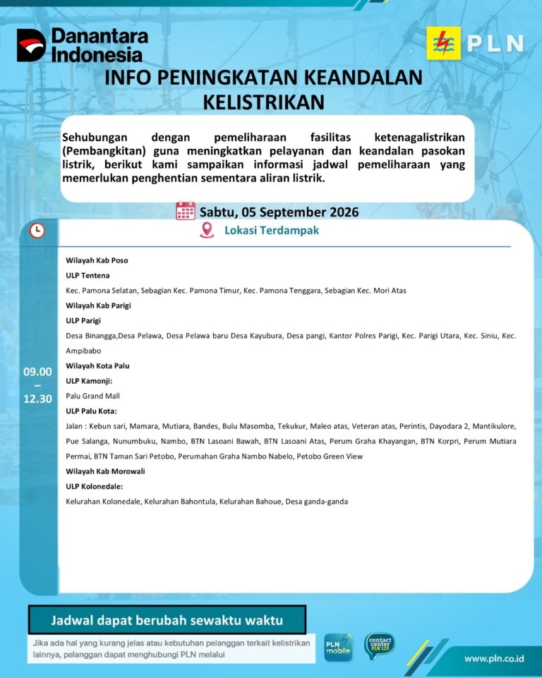 Ini Jadwal Mati Lampu di Morut, Sabtu 5 September