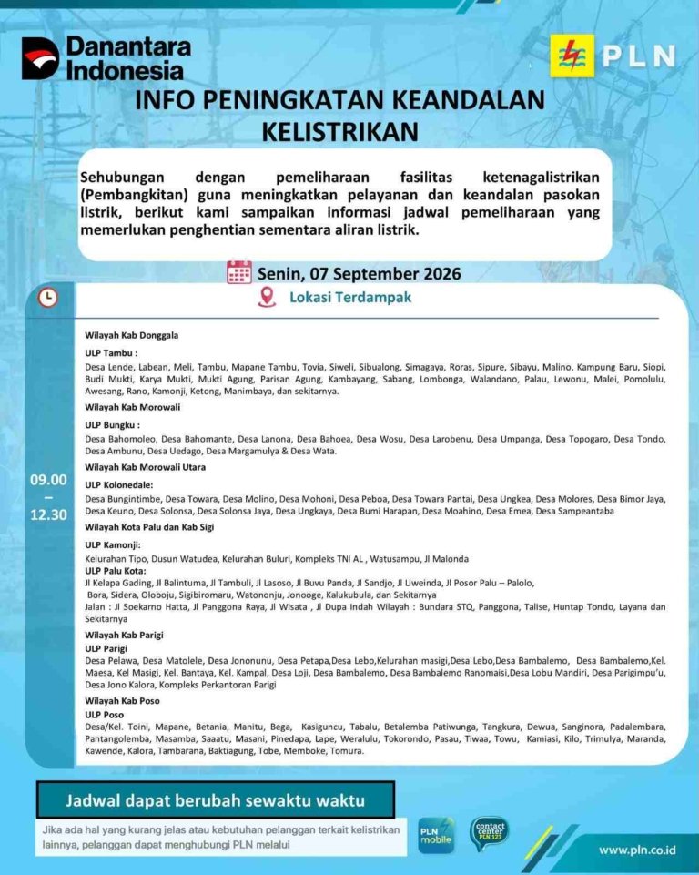 Ini Jadwal Mati Lampu di Sejumlah Wilayah Morowali Utara, Senin 7 September