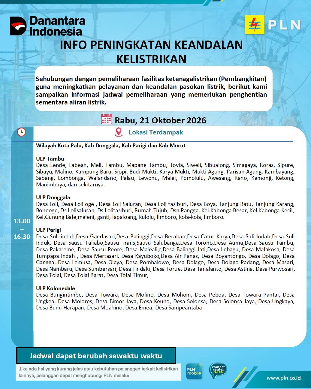Ini Jadwal Mati Lampu di Morut, Rabu 21 Oktober, 10 Desa Terdampak