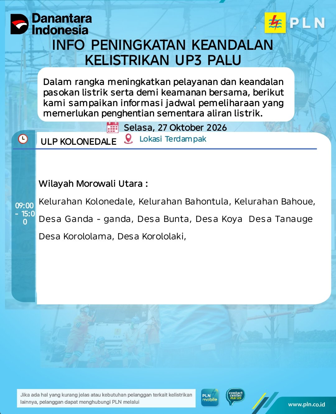 Ini Jadwal Mati Lampu di Morowali Utara, Selasa 27 Oktober