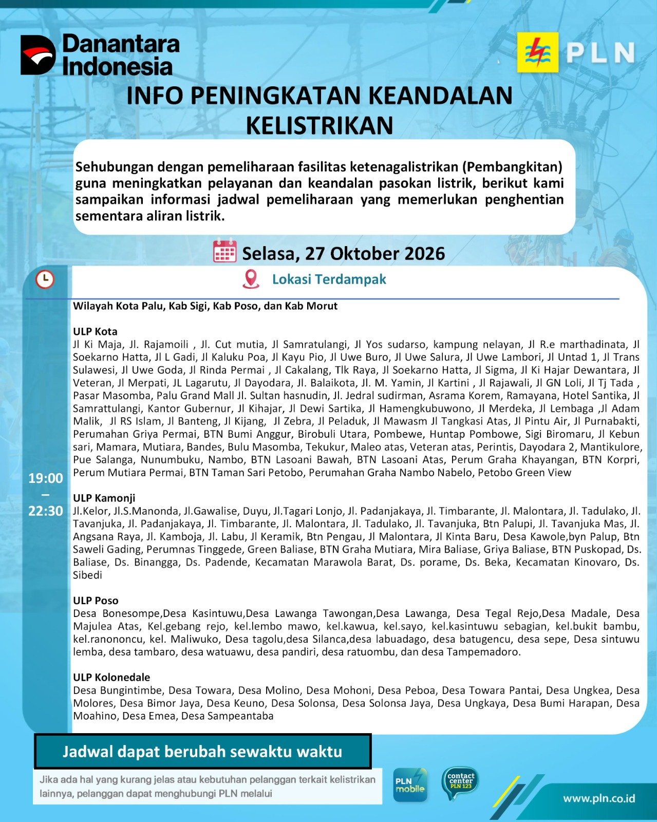PLN Jadwalkan Pemadaman Listrik di Kolonodale Malam Ini, Berikut Wilayah Terdampak